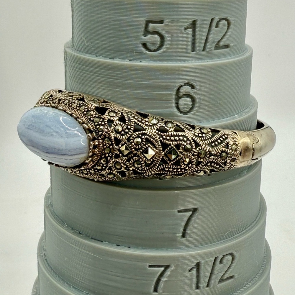 Vintage Sterling Silver Marcasite & Blue Lace Agate Hinged Bangle Bracelet 6.5-7 - Picture 10 of 17